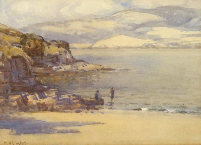 New Zealand Art: Margaret Stoddart Painting - Akaroa a beach