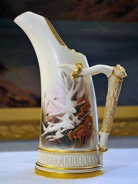 Royal Worcester tusk ice jug with flying swans
