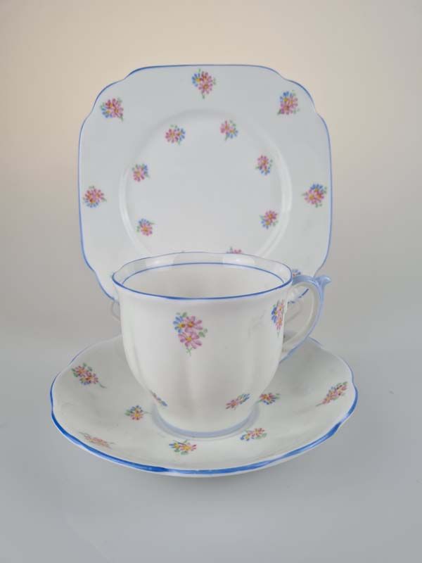 Bell China Trio - Pink Flower Blue Leaves