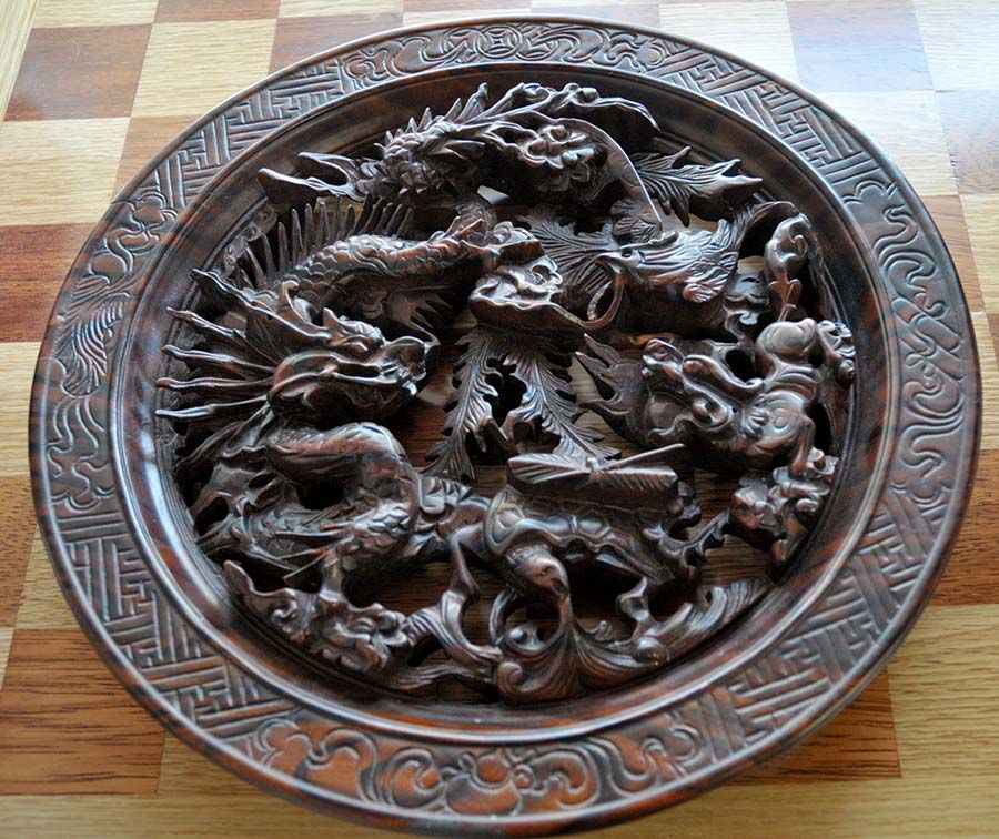 Asian items: Chinese carved dragon plaque
