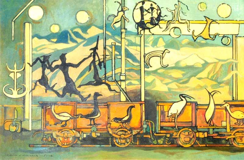 Maori rock drawings oil painting, Colin Wheeler