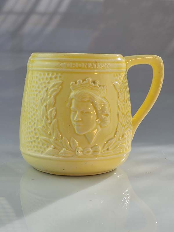 Crown Lynn Coronation QE2 Yellow Mug 1953