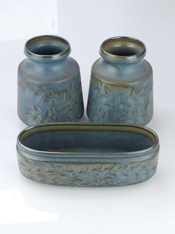 Crown Lynn - Spray Leaf Blue Stone Vases &amp; Trough