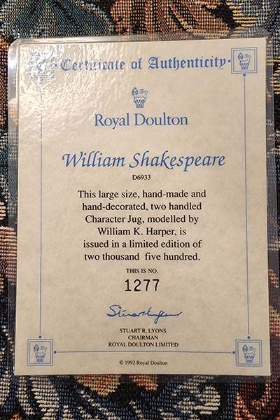 Character Jugs: William Shakespeare  D6933 - Royal Doulton Character Jug
