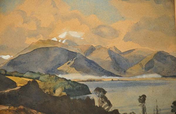 New Zealand Art: Margaret Rhodes Water Colour Painting - Lake Wakatipu