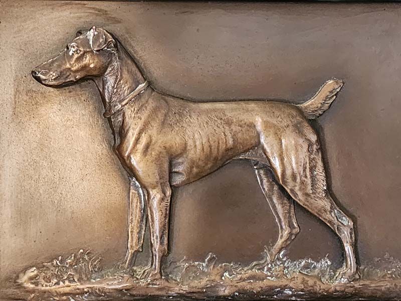 Bronze & spelter: Oscar Pflug bronze Terrier plaque