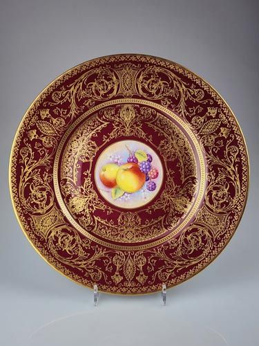 Royal Worcester Plate, Fallen fruit maroon gilt.